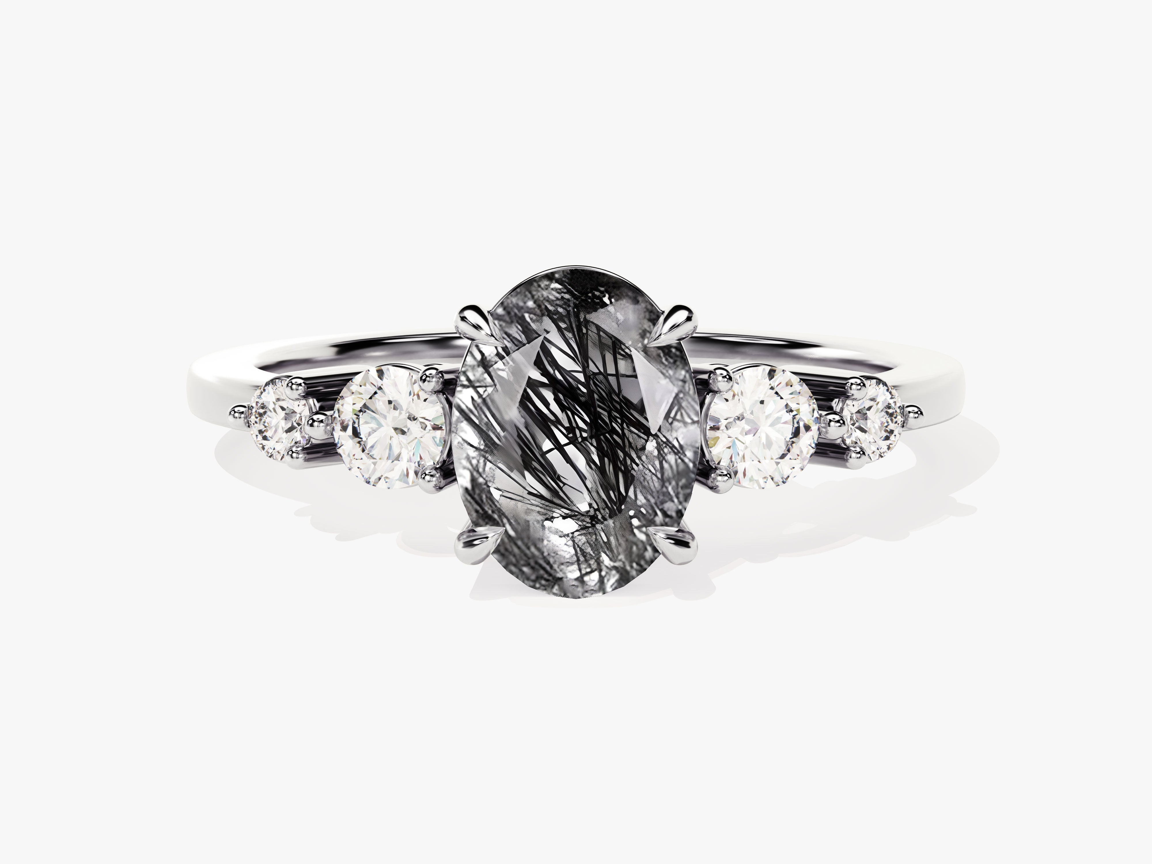 Oval Black Rutilated Quartz Engagement Ring with Moissanite Sidestones