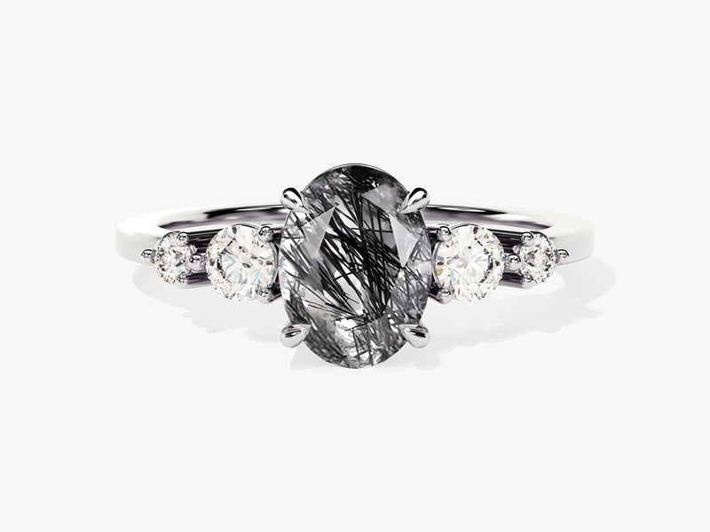 Oval Black Rutilated Quartz Engagement Ring with Moissanite Sidestones