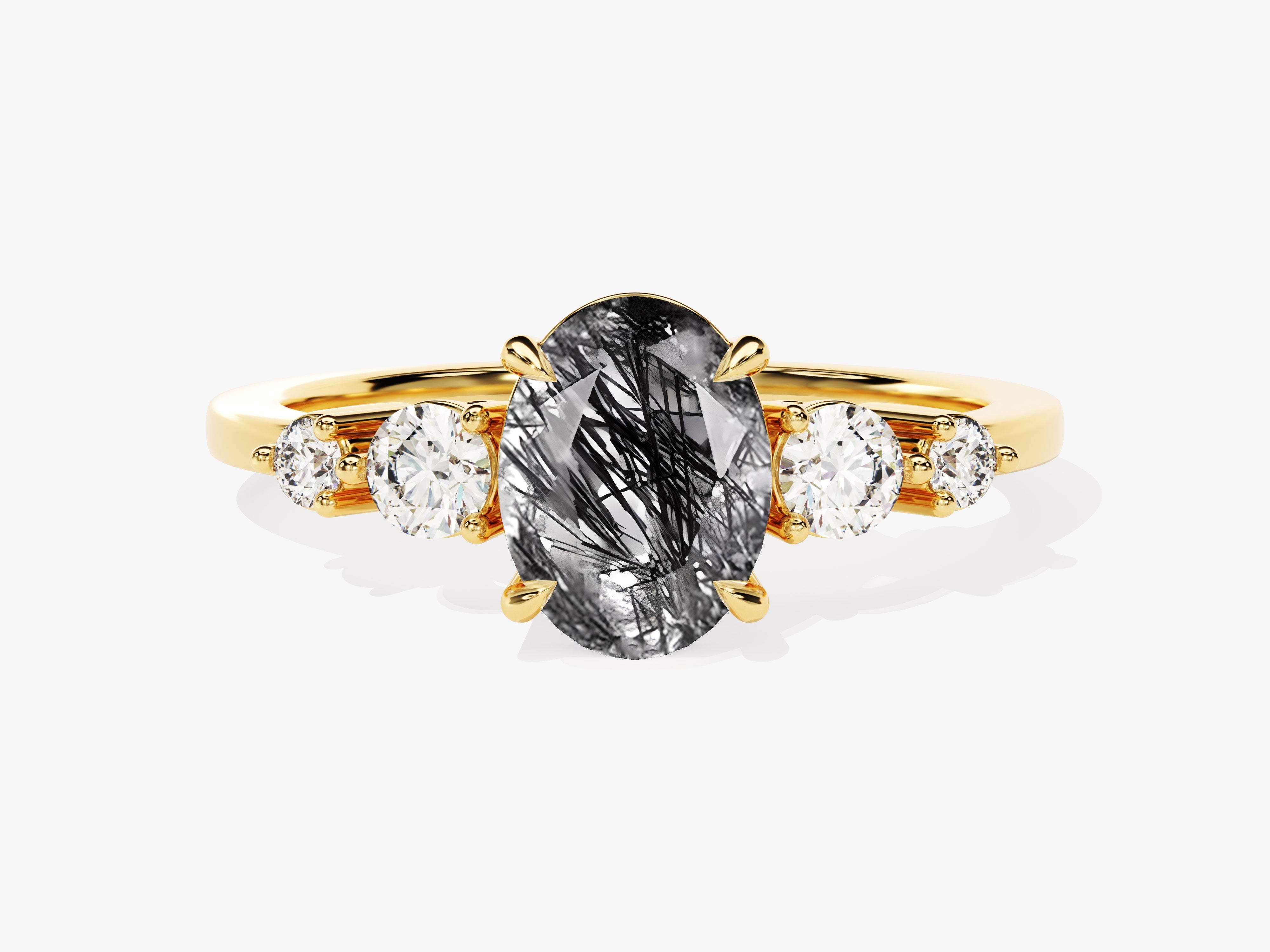Oval Black Rutilated Quartz Engagement Ring with Moissanite Sidestones