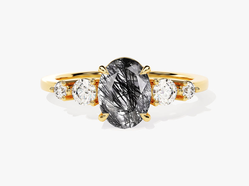 Oval Black Rutilated Quartz Engagement Ring with Moissanite Sidestones