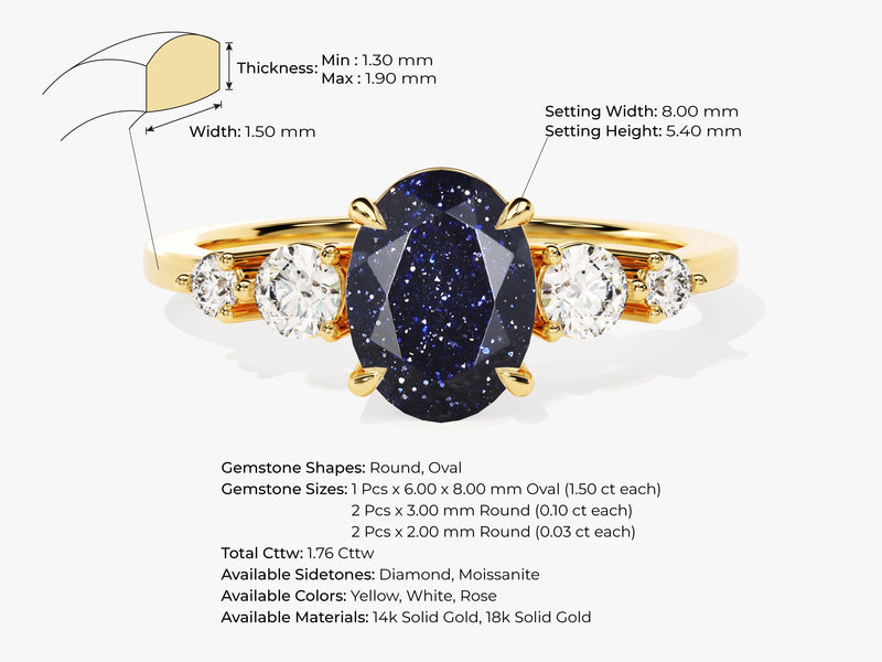Oval Blue Sandstone Engagement Ring with Moissanite Sidestones.