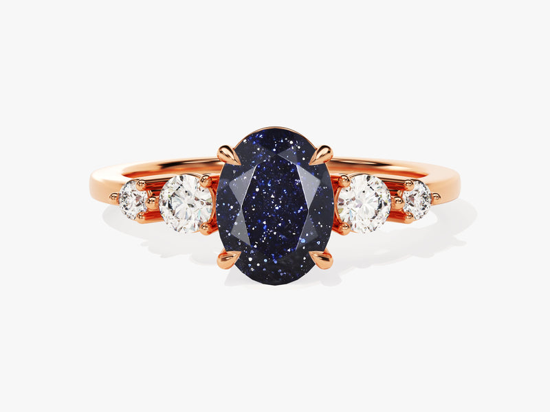 Oval Blue Sandstone Engagement Ring with Moissanite Sidestones.