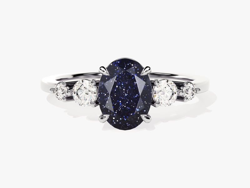 Oval Blue Sandstone Engagement Ring with Moissanite Sidestones.