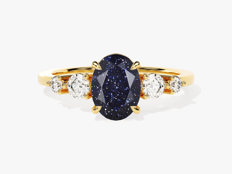 Oval Blue Sandstone Engagement Ring with Moissanite Sidestones.