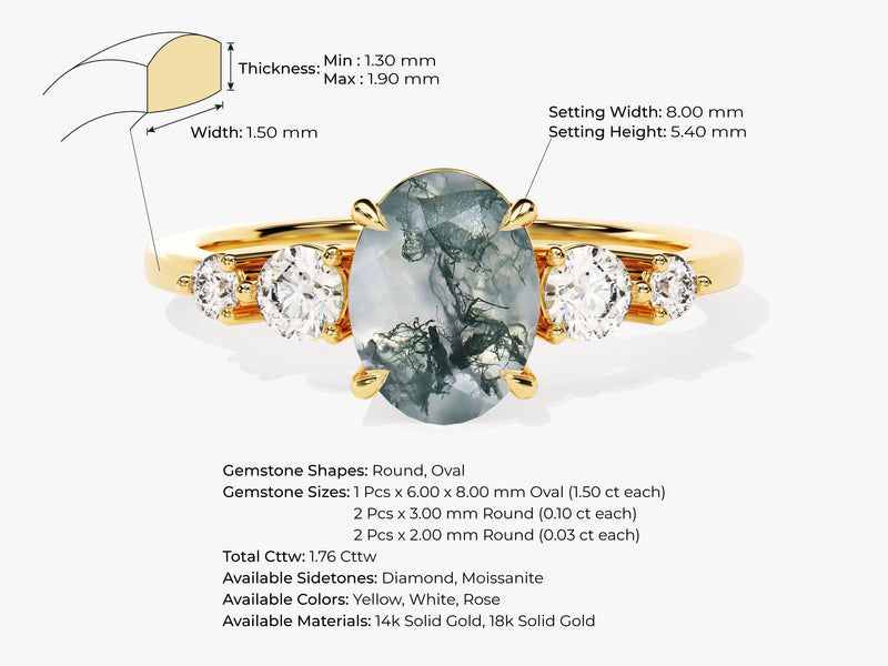 Oval Moss Agate Engagement Ring with Moissanite Sidestones
