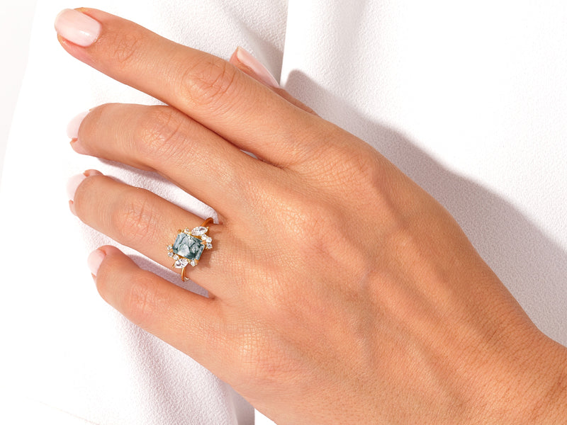 Emerald Cut Moss Agate Engagement Ring with Marquise and Round Moissanite Sidestones