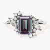 Emerald Cut Lab Alexandrite Engagement Ring with Marquise and Round Moissanite Sidestones