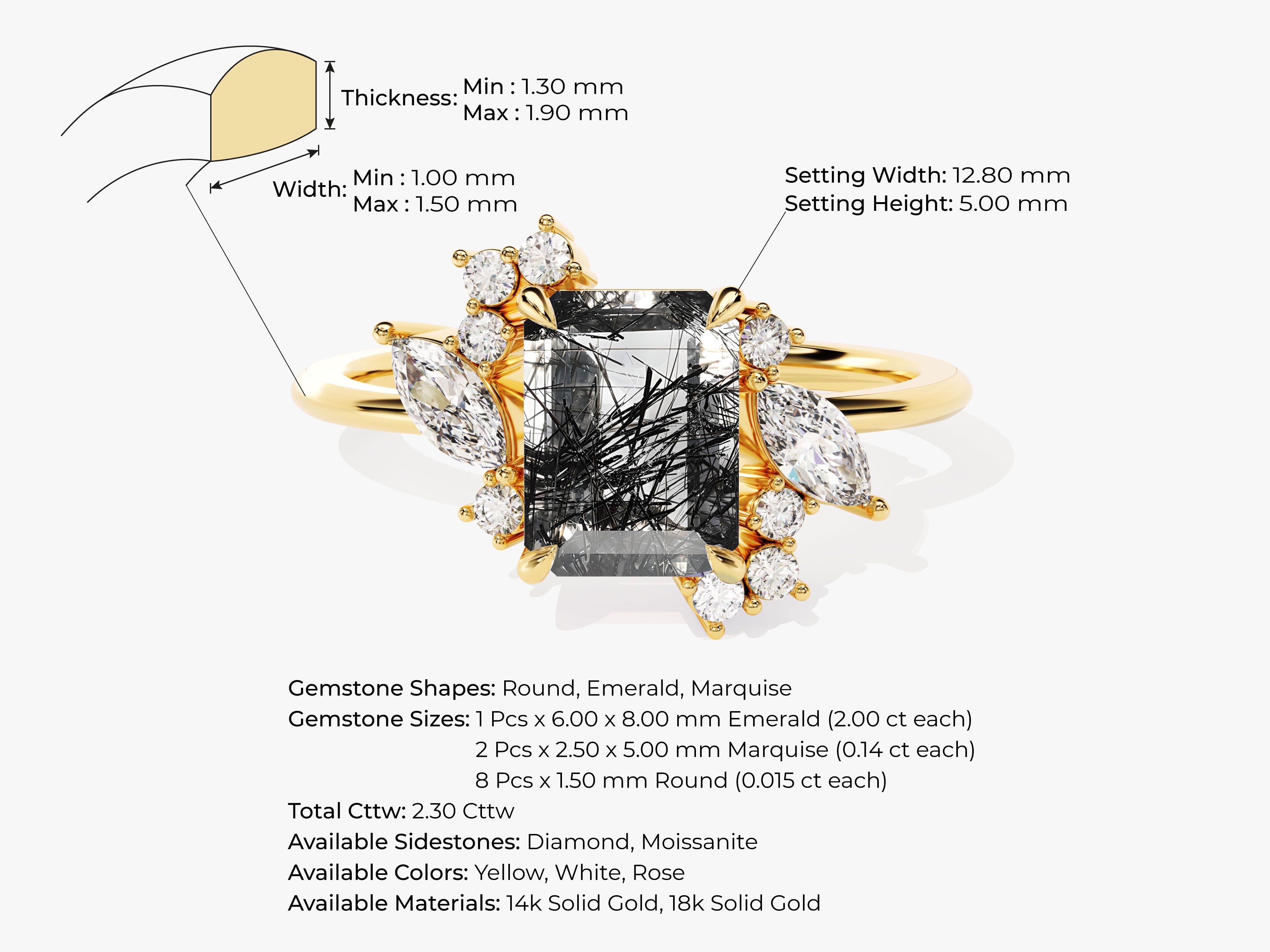 Emerald Cut Black Rutilated Quartz Engagement Ring with Marquise and Round Moissanite Sidestones.