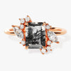 Emerald Cut Black Rutilated Quartz Engagement Ring with Marquise and Round Moissanite Sidestones.