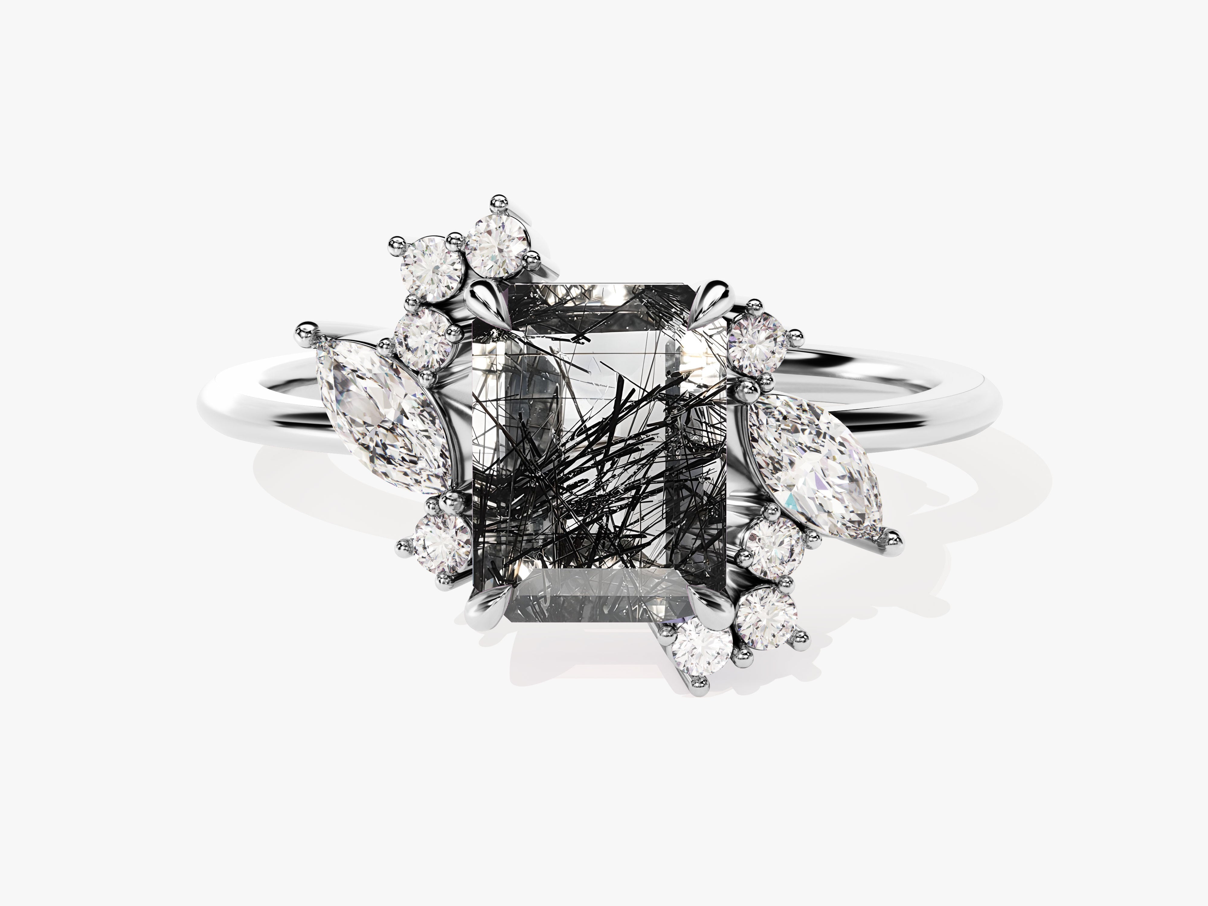 Emerald Cut Black Rutilated Quartz Engagement Ring with Marquise and Round Moissanite Sidestones.