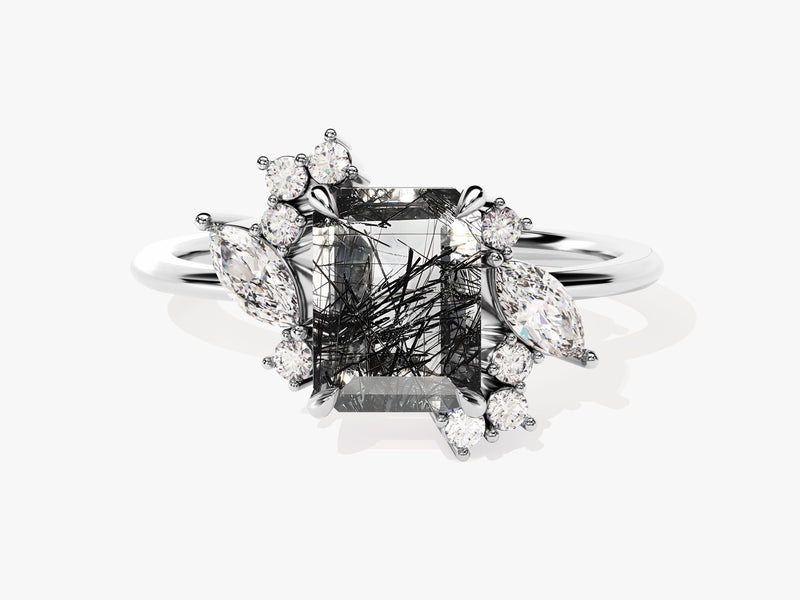 Emerald Cut Black Rutilated Quartz Engagement Ring with Marquise and Round Moissanite Sidestones.