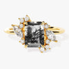 Emerald Cut Black Rutilated Quartz Engagement Ring with Marquise and Round Moissanite Sidestones.
