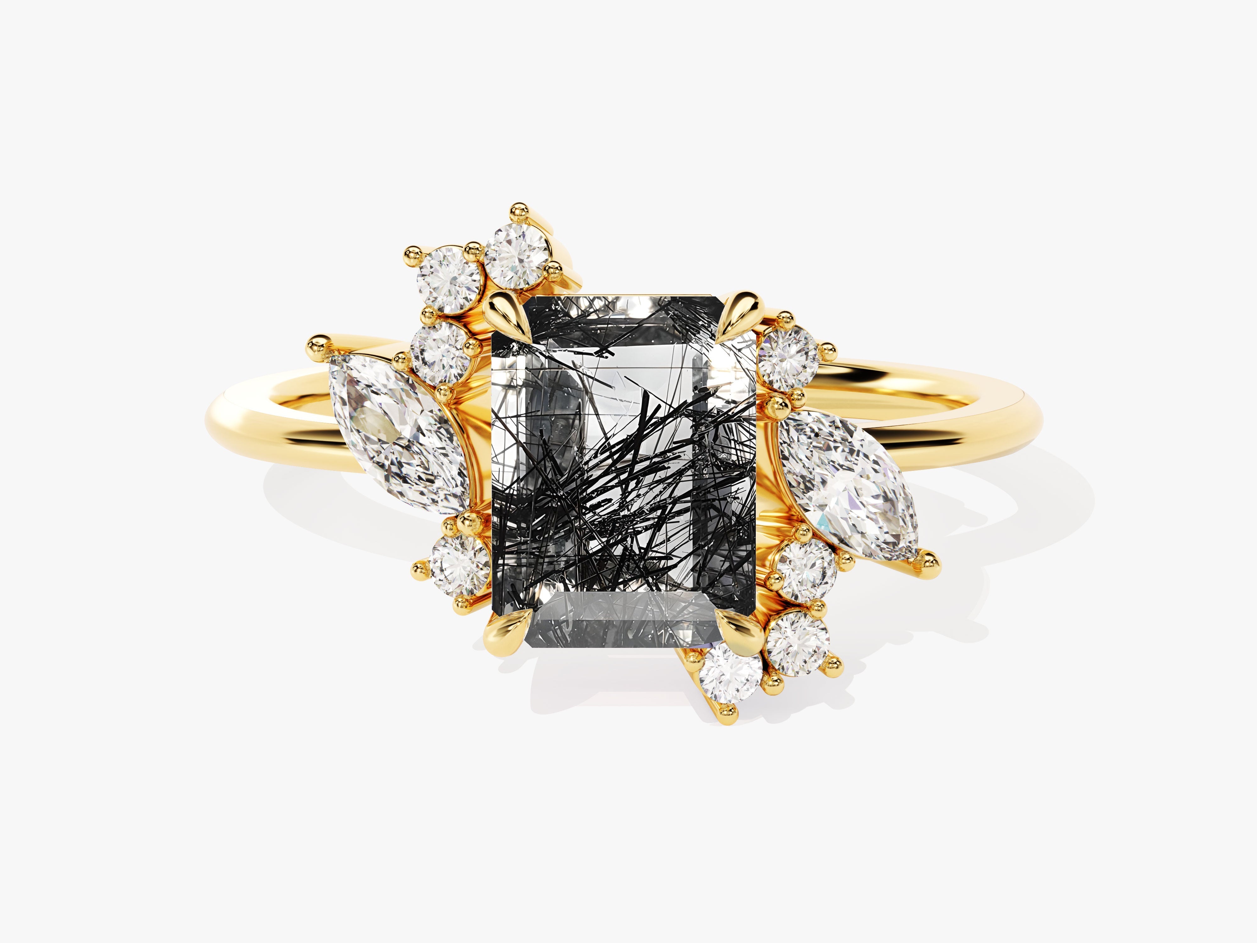 Emerald Cut Black Rutilated Quartz Engagement Ring with Marquise and Round Moissanite Sidestones.