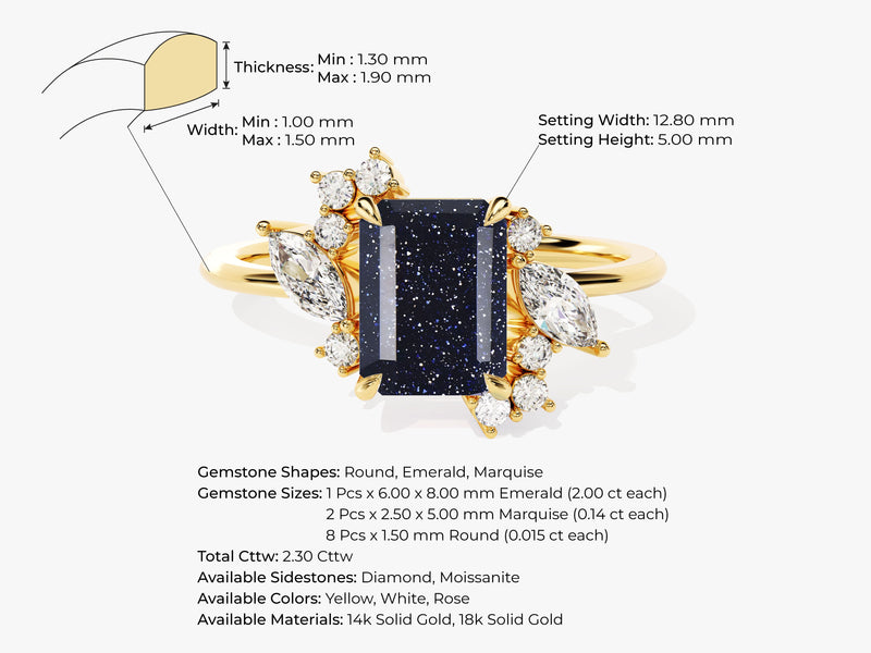 Emerald Cut Blue Sandstone Engagement Ring with Marquise and Round Moissanite Sidestones.