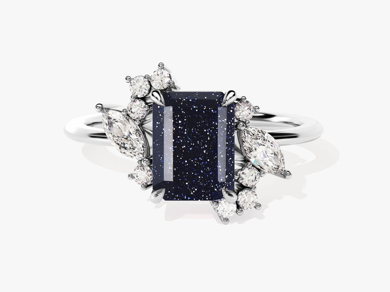 Emerald Cut Blue Sandstone Engagement Ring with Marquise and Round Moissanite Sidestones.