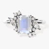 Emerald Cut Moonstone Engagement Ring with Marquise and Round Moissanite Sidestones