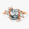 Emerald Cut Moss Agate Engagement Ring with Marquise and Round Moissanite Sidestones