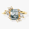 Emerald Cut Moss Agate Engagement Ring with Marquise and Round Moissanite Sidestones