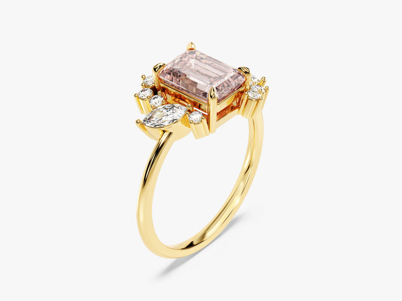Emerald Cut Peach Morganite Engagement Ring with Round and Marquise Moissanites