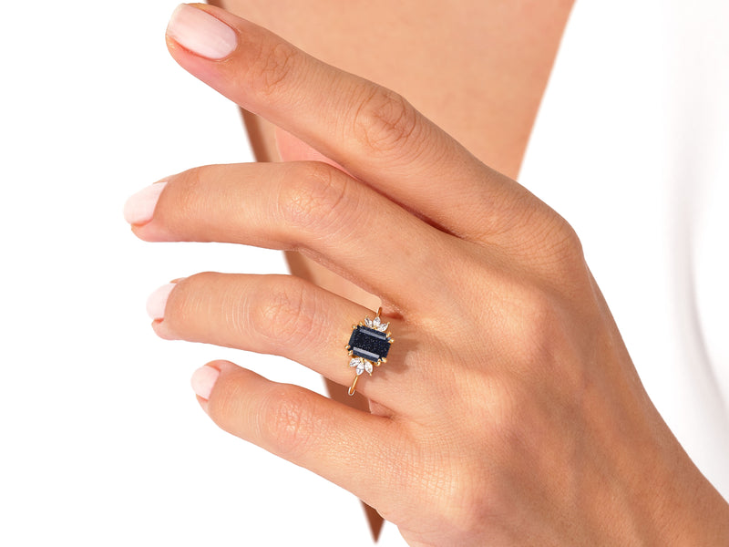 Emerald Cut Blue Sandstone Engagement Ring with Marquise Moissanite Sidestones.