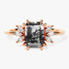 Emerald Cut Black Rutilated Quartz Engagement Ring with Marquise Moissanite Sidestones