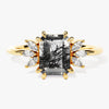 Emerald Cut Black Rutilated Quartz Engagement Ring with Marquise Moissanite Sidestones
