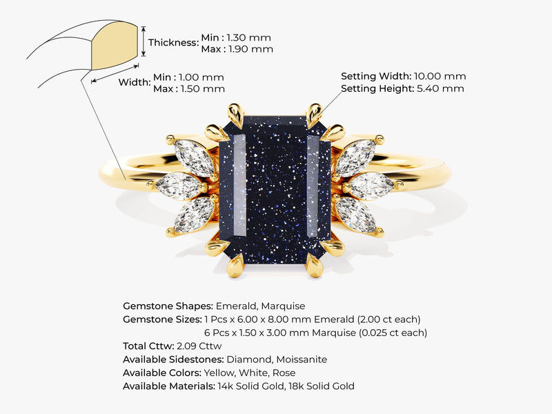 Emerald Cut Blue Sandstone Engagement Ring with Marquise Moissanite Sidestones.