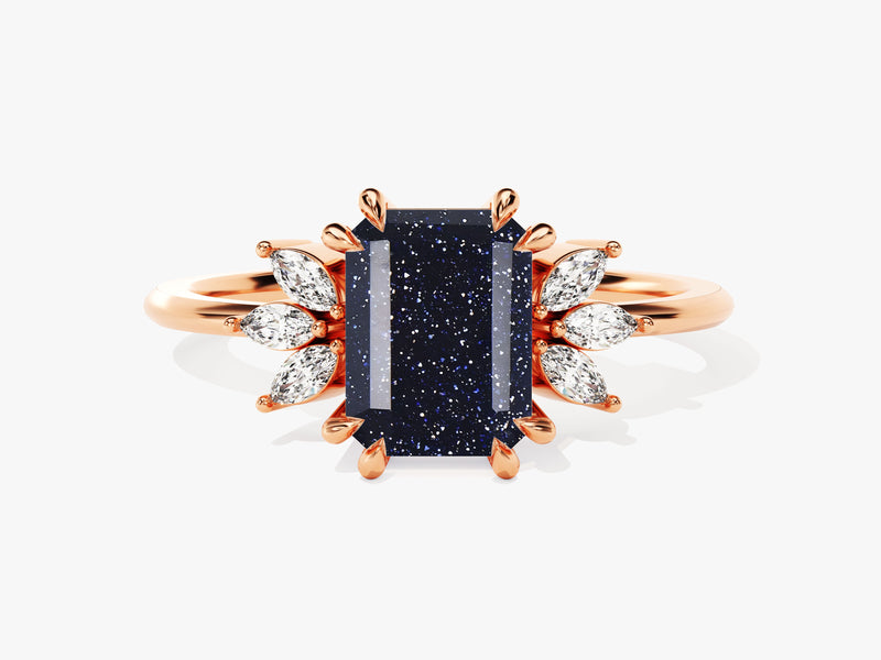 Emerald Cut Blue Sandstone Engagement Ring with Marquise Moissanite Sidestones.