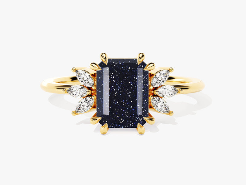 Emerald Cut Blue Sandstone Engagement Ring with Marquise Moissanite Sidestones.