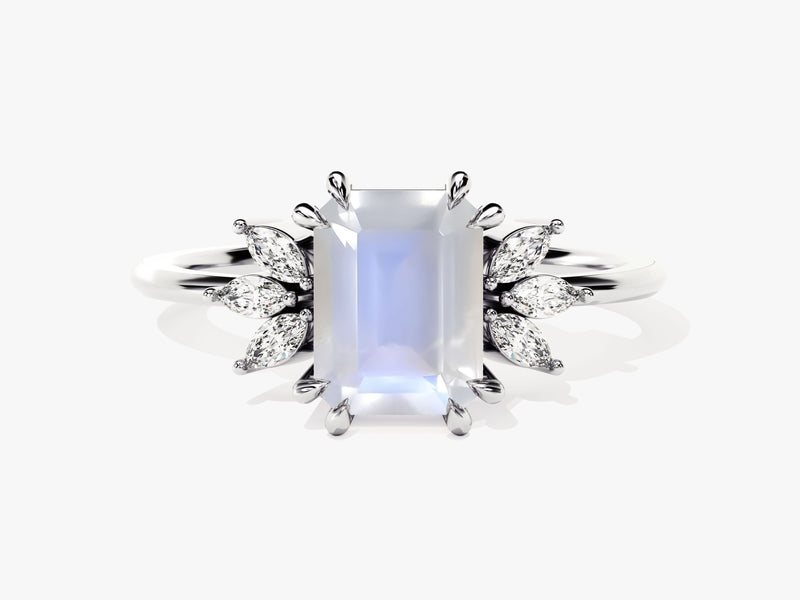 Emerald Cut Moonstone Engagement Ring with Marquise Moissanite Sidestones