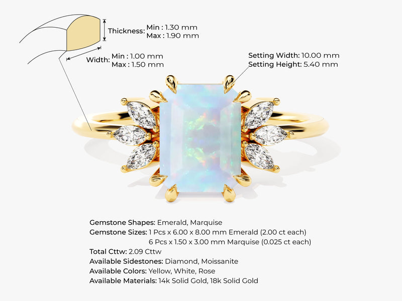 Emerald Cut Opal Engagement Ring with Marquise Moissanite Sidestones