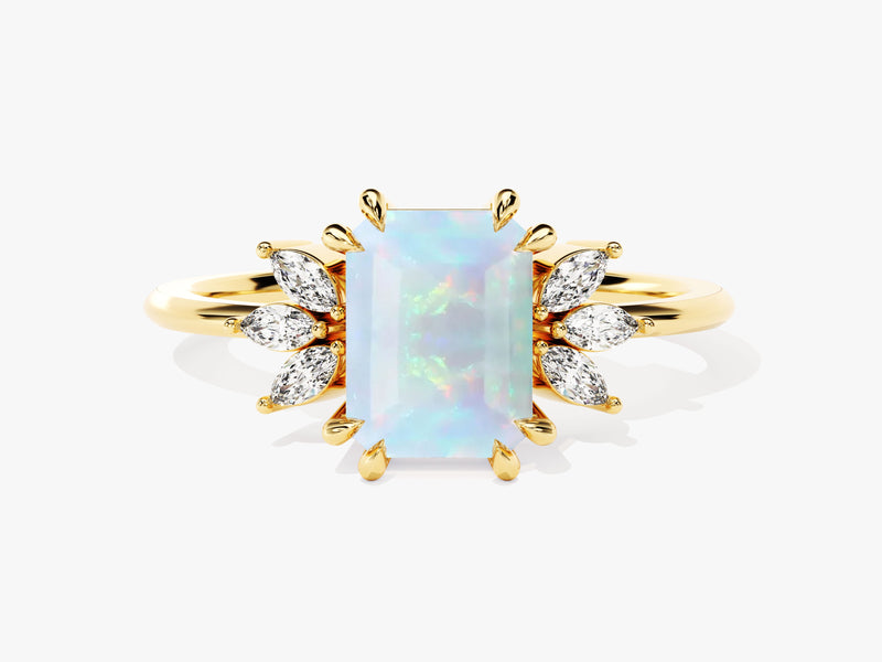 Emerald Cut Opal Engagement Ring with Marquise Moissanite Sidestones