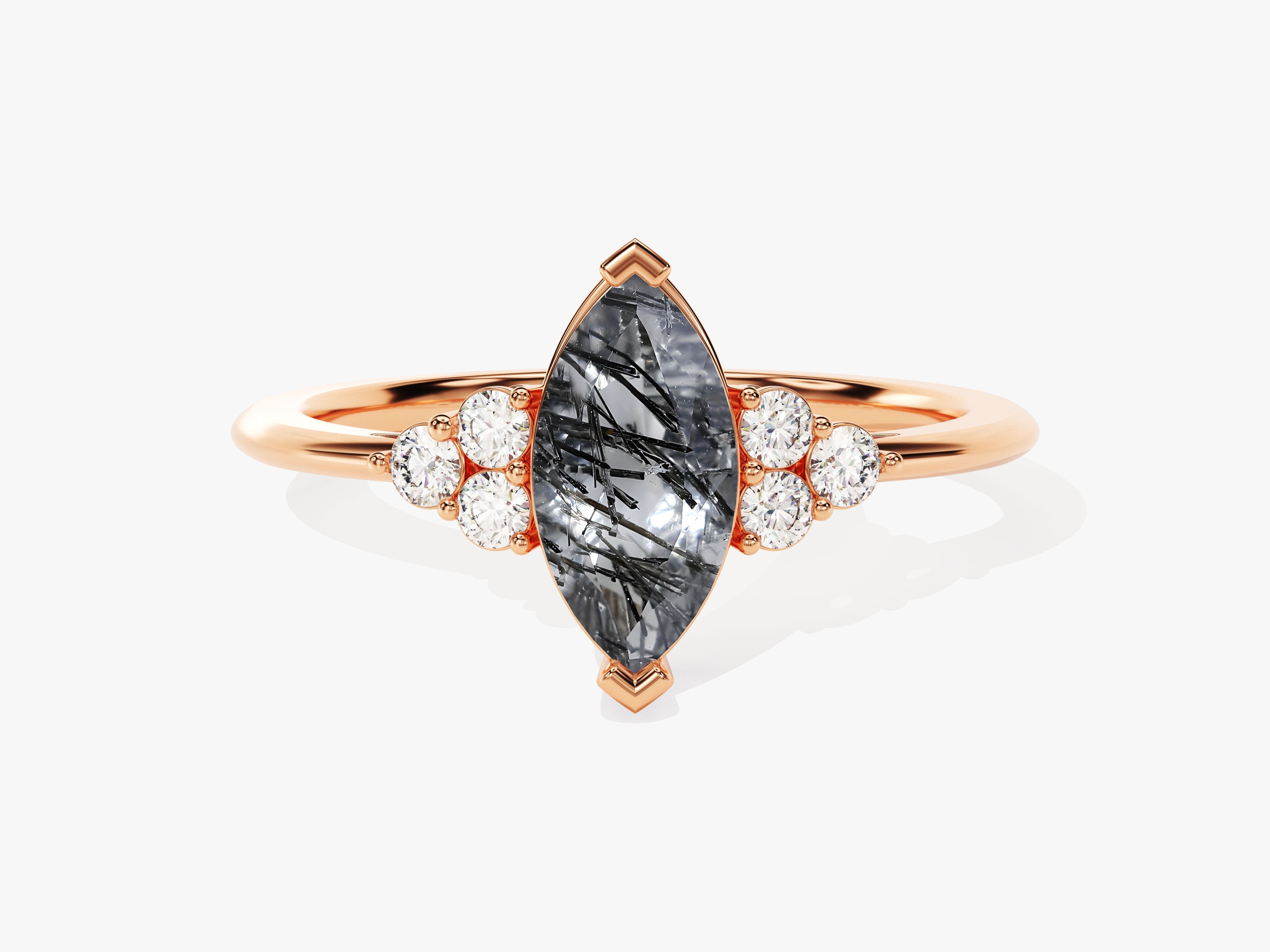 Marquise Black Rutilated Quartz Engagement Ring with Moissanite Sidestones