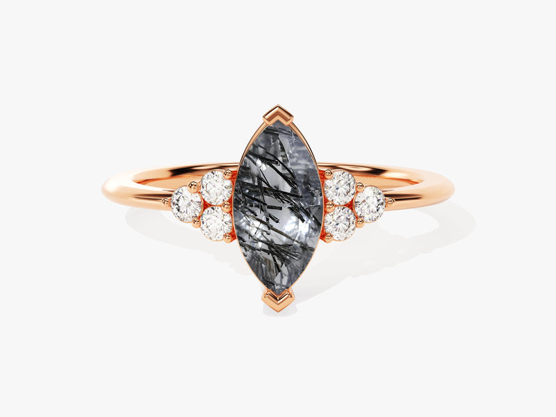 Marquise Black Rutilated Quartz Engagement Ring with Moissanite Sidestones