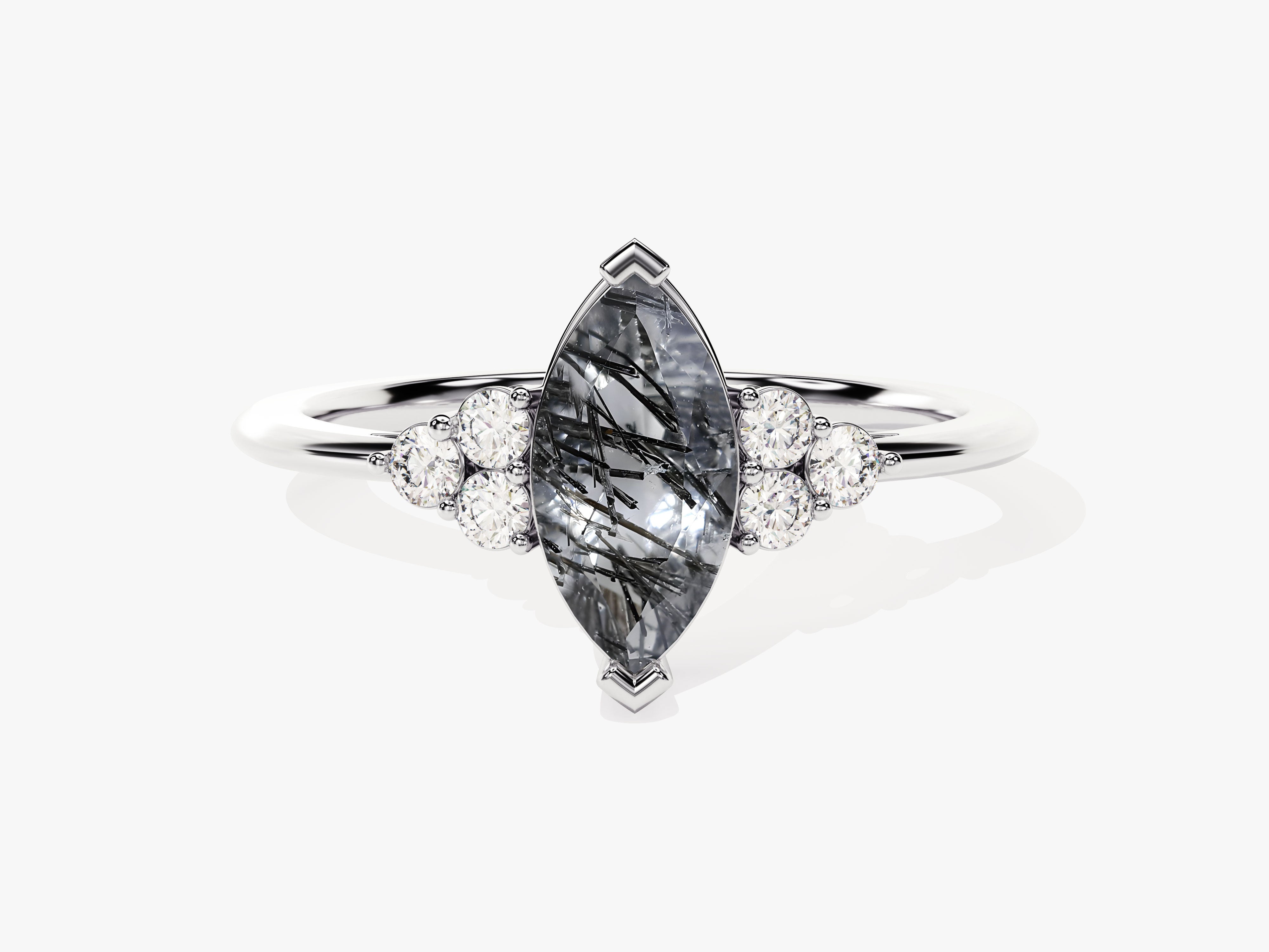 Marquise Black Rutilated Quartz Engagement Ring with Moissanite Sidestones