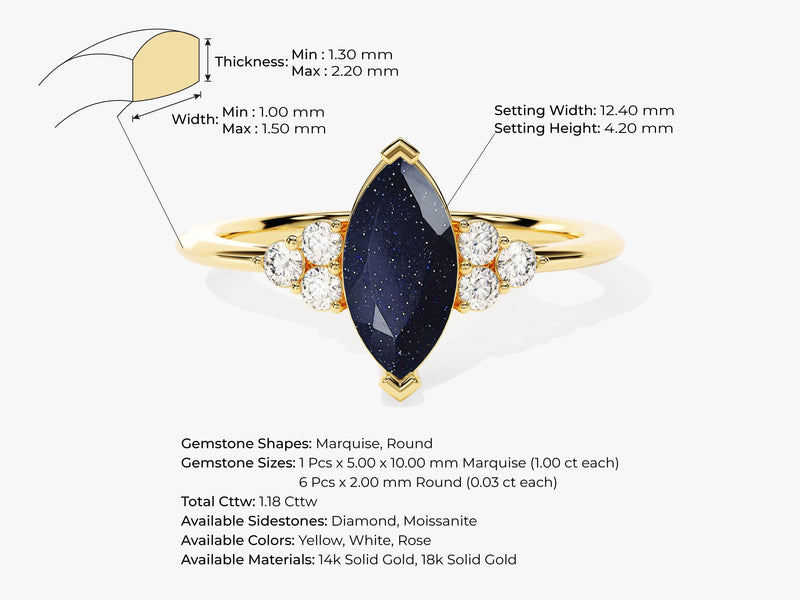 Marquise Blue Sandstone Engagement Ring with Moissanite Sidestones.