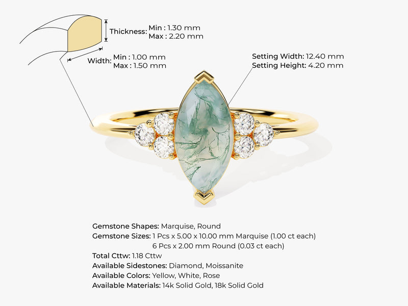 Marquise Moss Agate Engagement Ring with Moissanite Sidestones