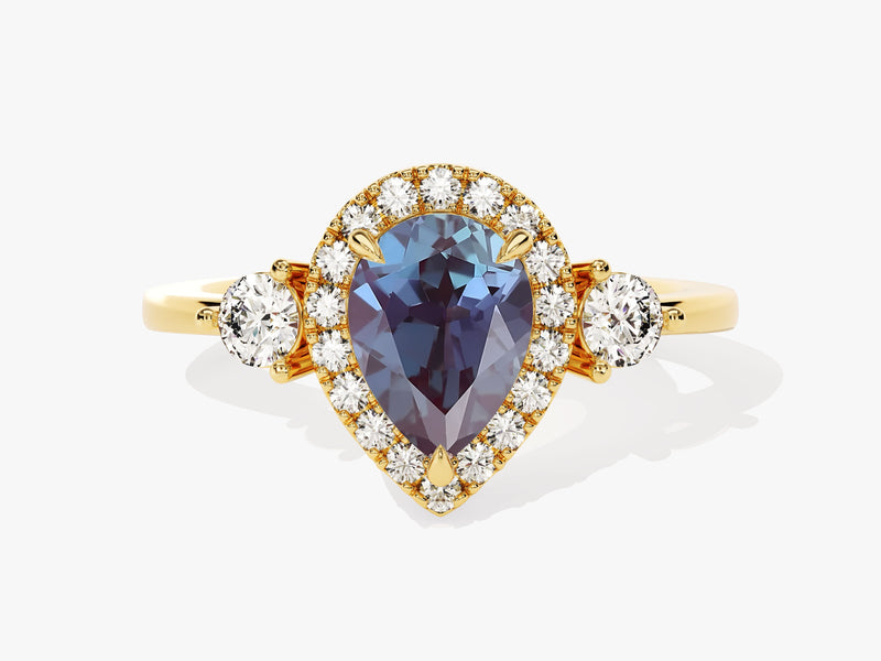 Pear Halo Lab Alexandrite Engagement Ring with Moissanite Sidestones