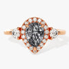 Pear Halo Black Rutilated Quartz Engagement Ring with Moissanite Sidestones.