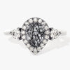 Pear Halo Black Rutilated Quartz Engagement Ring with Moissanite Sidestones.