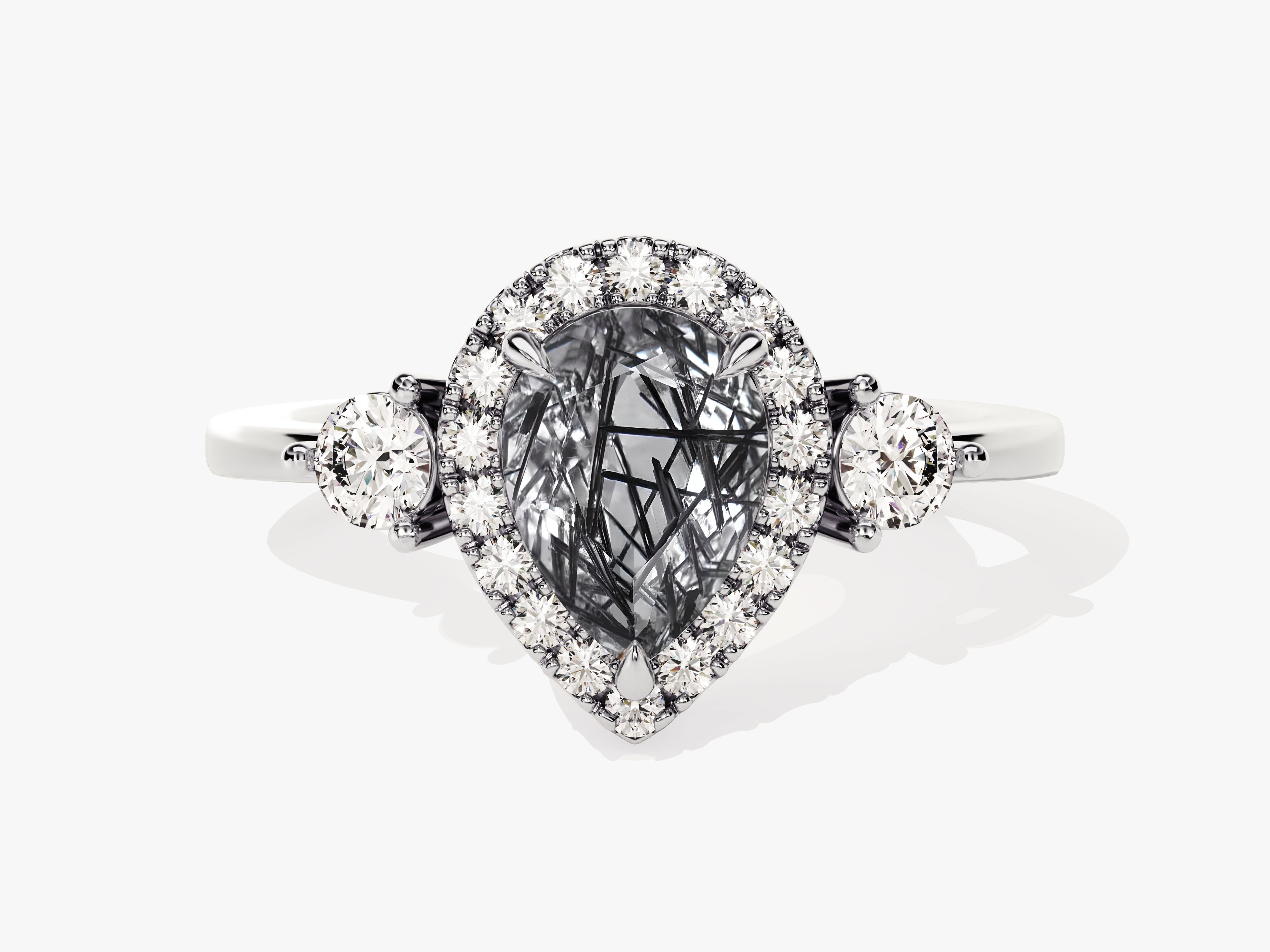 Pear Halo Black Rutilated Quartz Engagement Ring with Moissanite Sidestones.