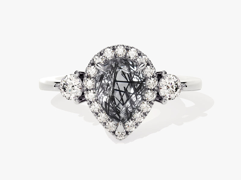 Pear Halo Black Rutilated Quartz Engagement Ring with Moissanite Sidestones.