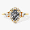 Pear Halo Black Rutilated Quartz Engagement Ring with Moissanite Sidestones.