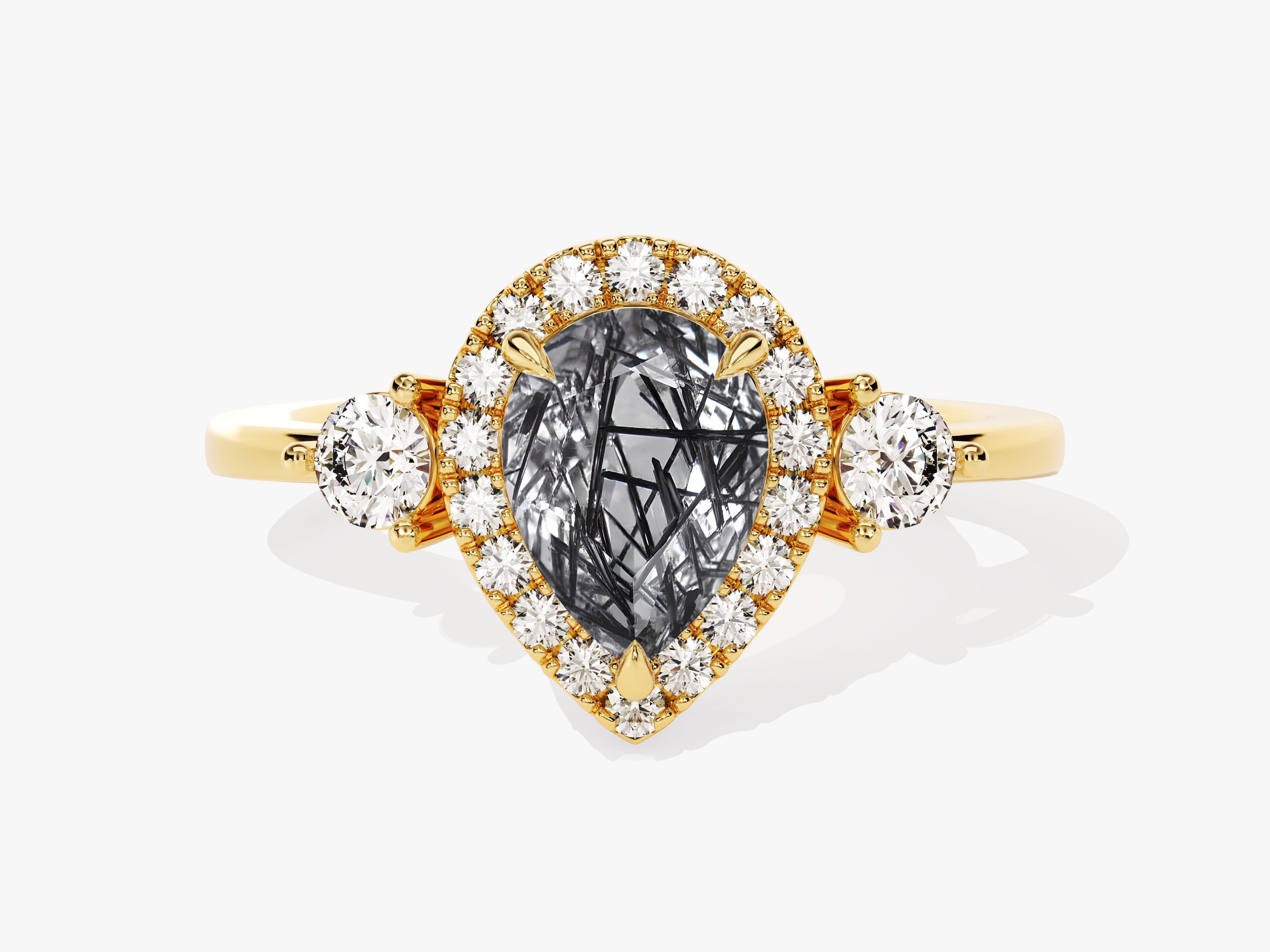 Pear Halo Black Rutilated Quartz Engagement Ring with Moissanite Sidestones.
