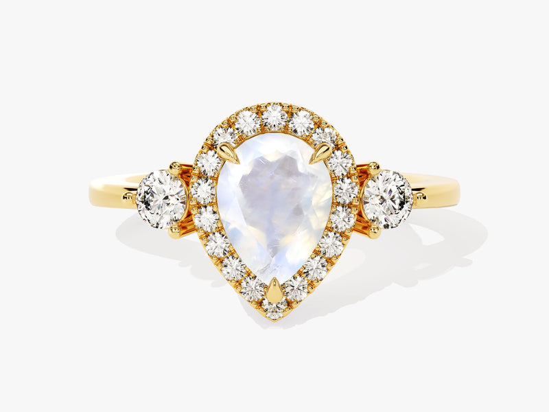 Pear Halo Moonstone Engagement Ring with Moissanite Sidestones