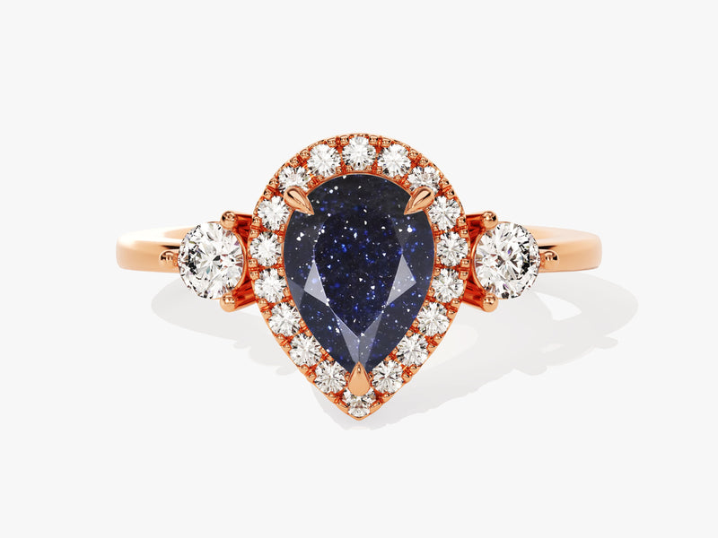 Pear Halo Blue Sandstone Engagement Ring with Moissanite Sidestones.