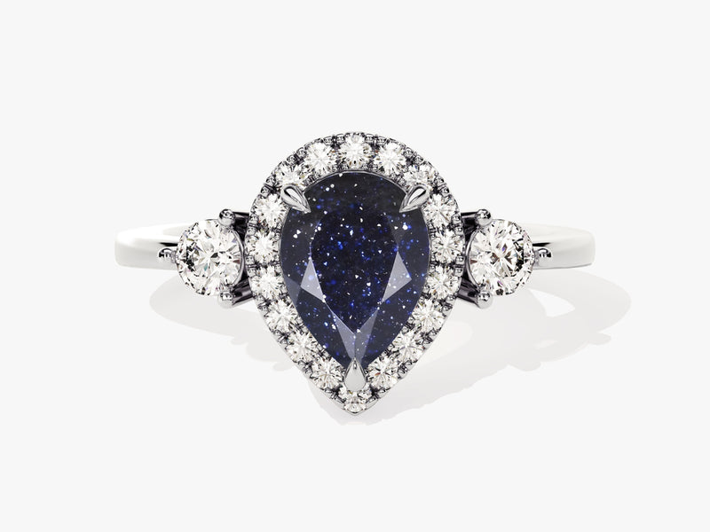 Pear Halo Blue Sandstone Engagement Ring with Moissanite Sidestones.