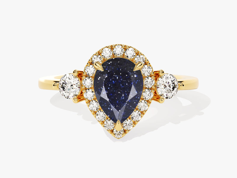 Pear Halo Blue Sandstone Engagement Ring with Moissanite Sidestones.
