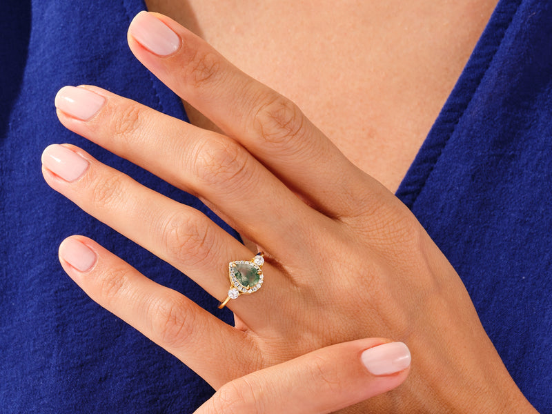 Pear Halo Moss Agate Engagement Ring with Moissanite Sidestones