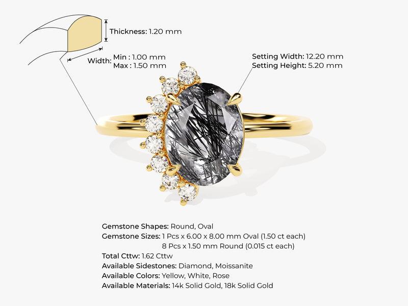 Oval Black Rutilated Quartz Engagement Ring with Round Moissanite Sidestones.